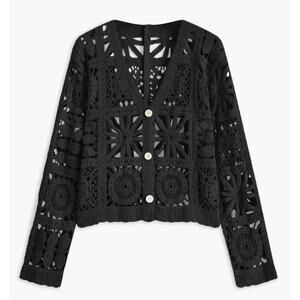 Commense Black Crochet Button Front Cardigan Sheer Knit Layer Size S Modern Chic